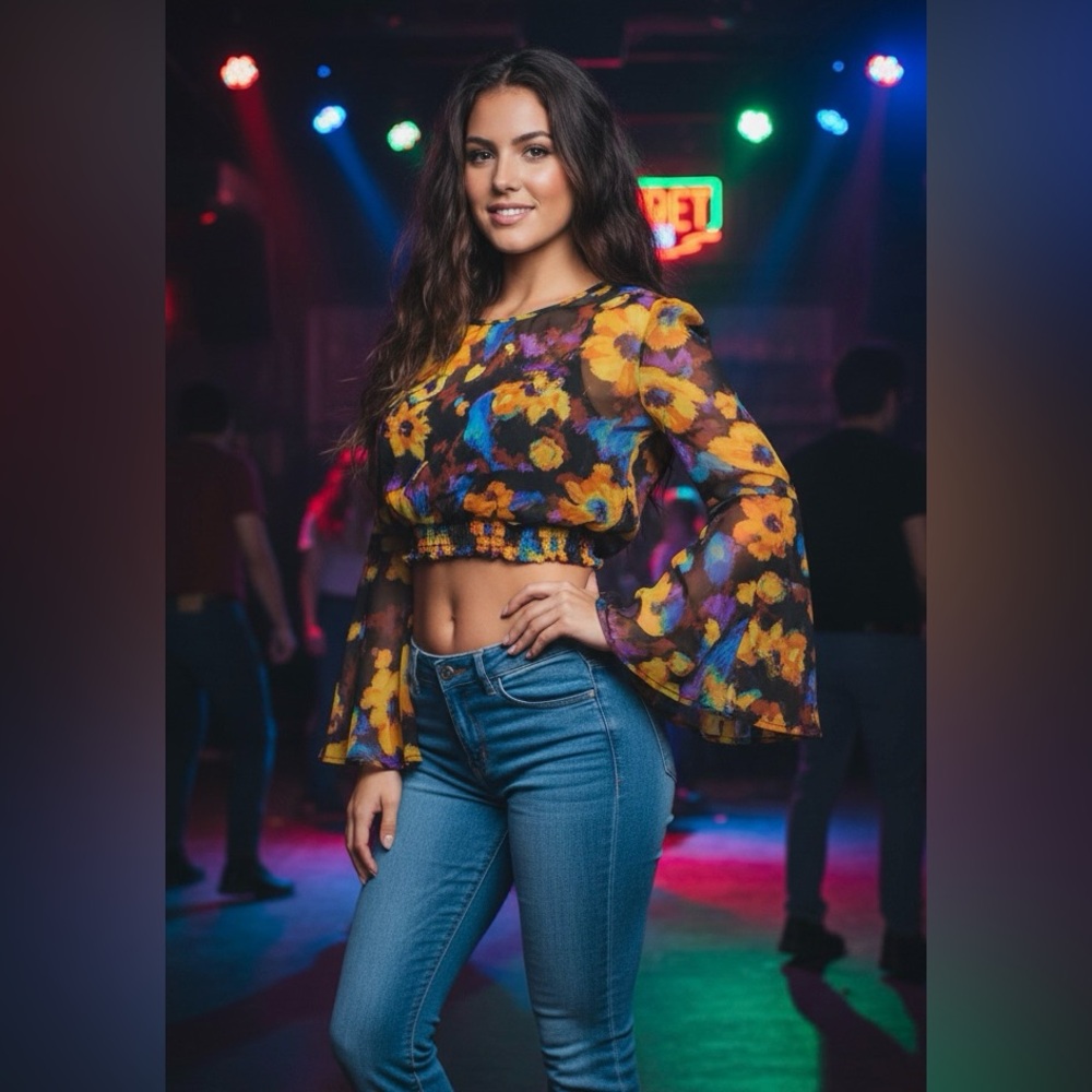 Y2K Black Orange Sheer Floral Boho Crop Top Shirt Flare Sleeve Sz L Peasant